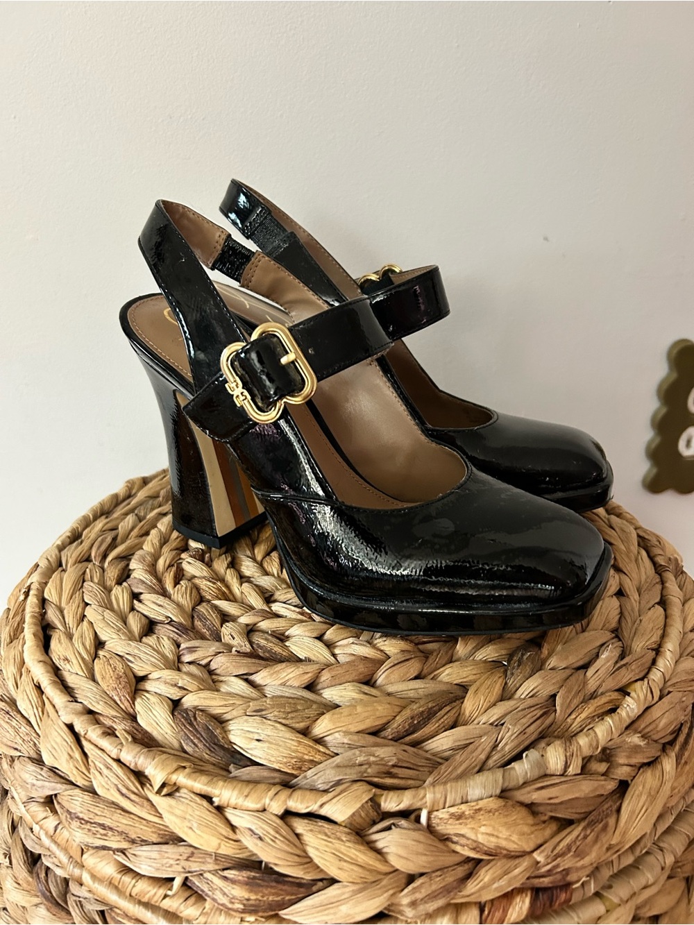 Sam Edelman Black Patent Mary Jane Block Heels with Gold Buckle